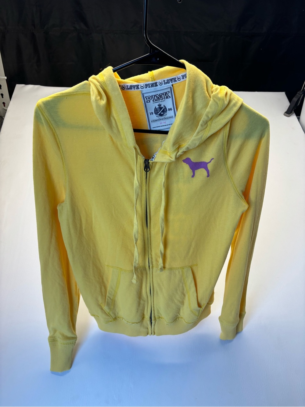 PINK Victoria’s Secret Yellow Full Zip Hoodie – Purple Dog Logo – Women's Medium